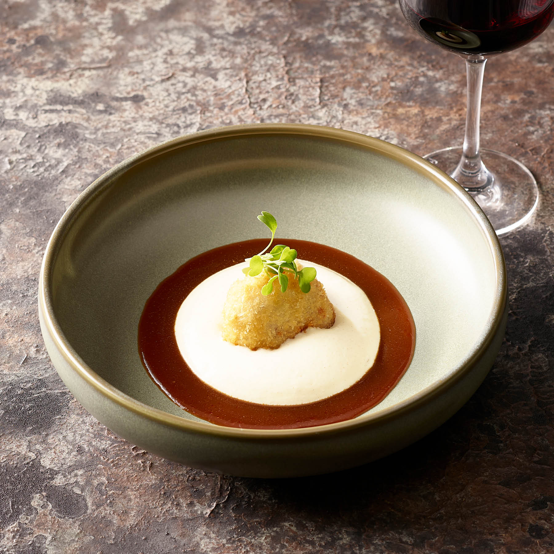 Ris de veau croustillants | Espuma de pommes de terre | Jus au brandy