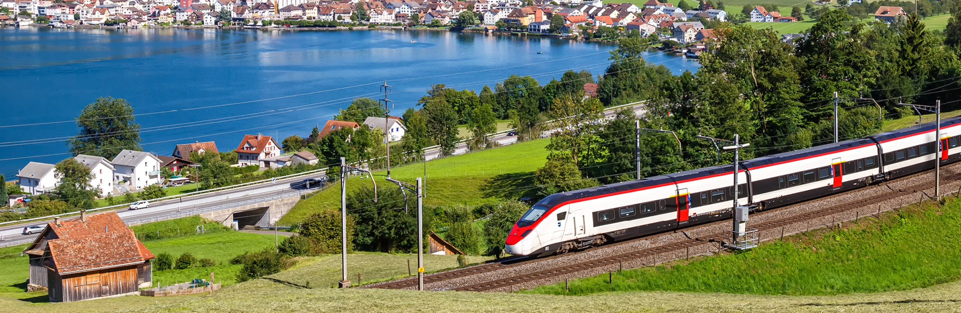 Foto eines Zugs auf Gleisen vor einer Schweizer Seenlandschaft.