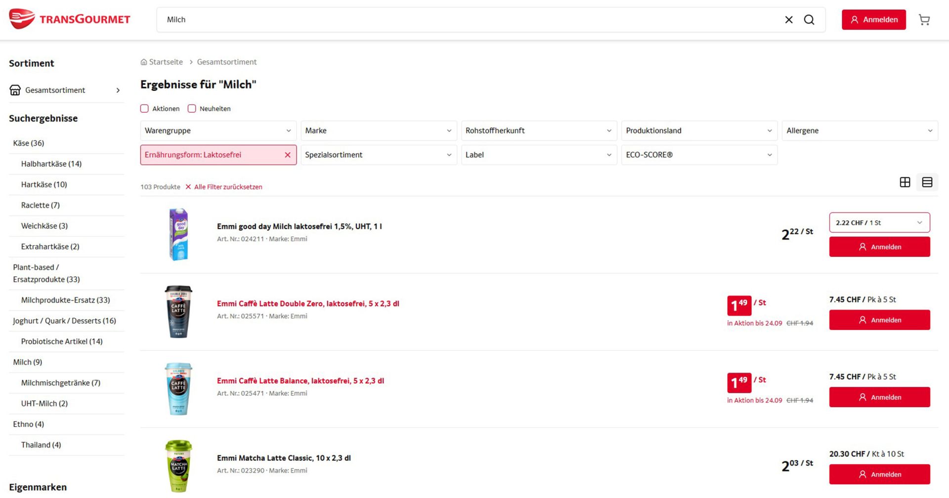 Suchergebnisseite eines Onlineshops für Proteinprodukte mit Produktliste.