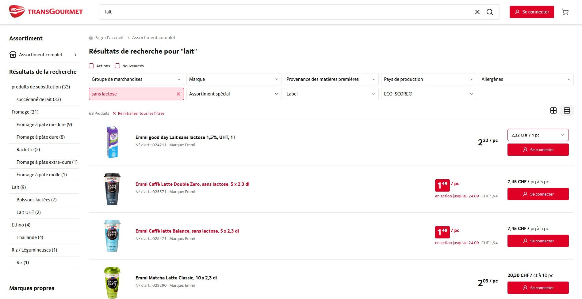 Suchergebnisseite eines Online-Shops für Lebensmittel mit Produktauflistung und Filteroptionen.