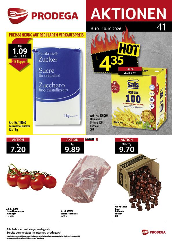Prodega Werbeflyer mit Lebensmittelangeboten wie Zucker, Pommes frites, Tomaten, Fleisch und Nüssen.